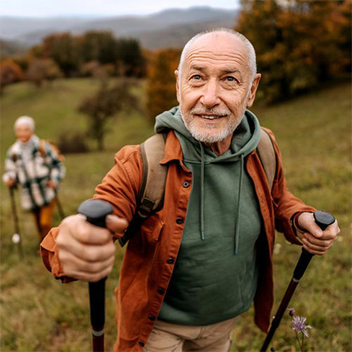 Man hiking outside, with a woman hiking in the background